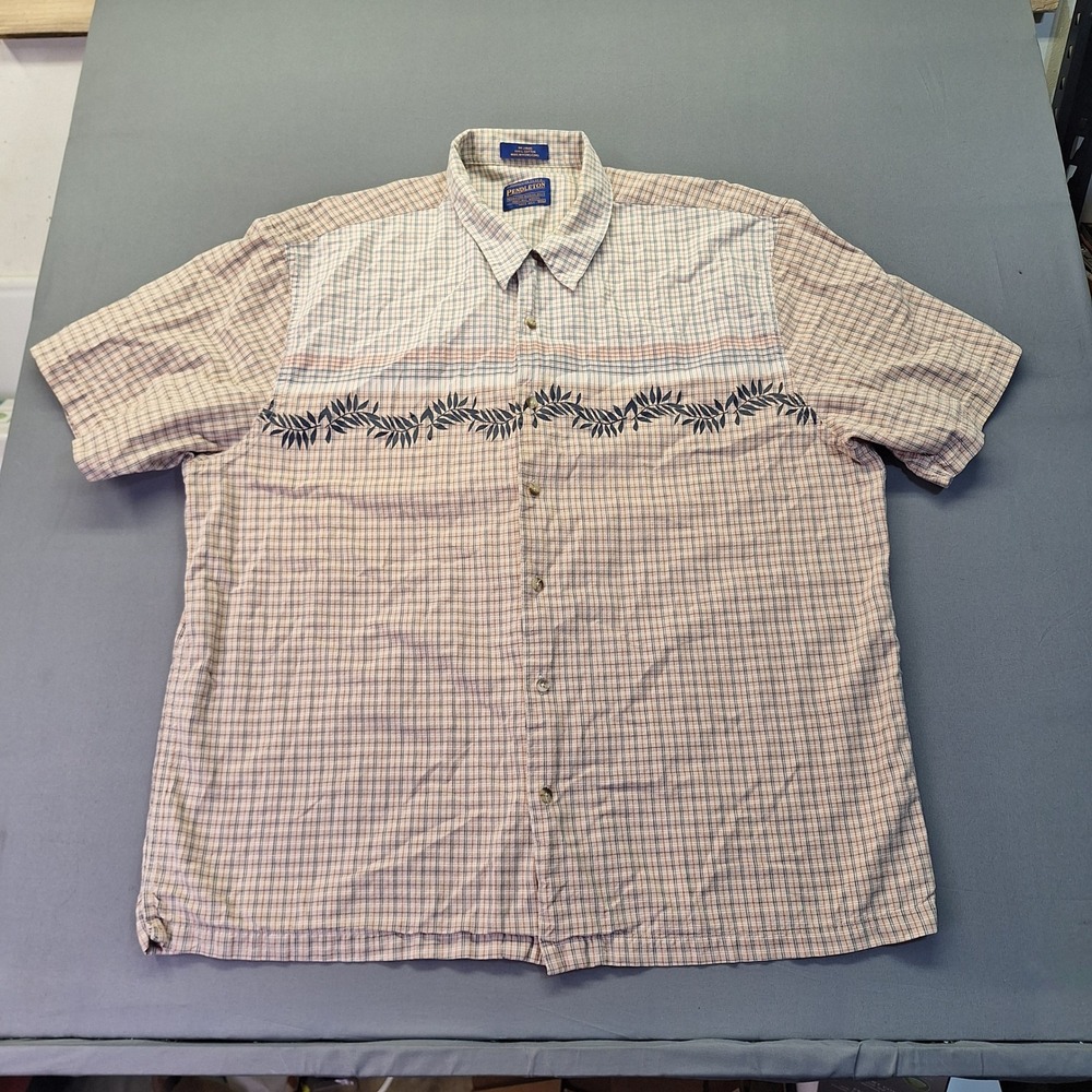 Pendleton Mens XXL Plaid Short Sleeve Button Down Shirt Leaf Graphic Cotton 0999